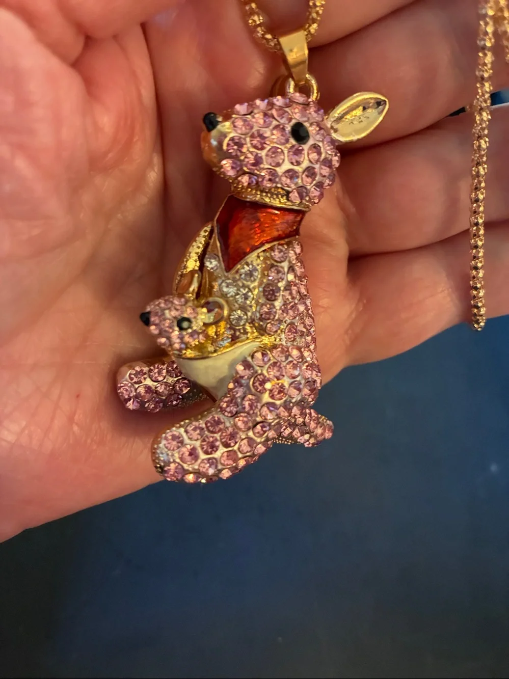 Pink Crystal kangaroo, and baby in the pouch Pendant Necklace